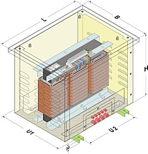 Three-phase transformer in a metal housing
